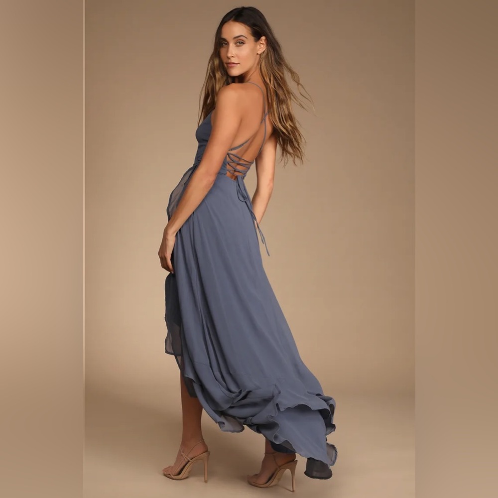 Granite Blue Lace-Up High-Low Maxi Dress
